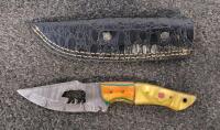 Custom Damascus-Style Fixed Blade Knife, Bear Cutout, Mosaic Pin, Faux Croc Sheath, 8.5"