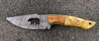 Custom Damascus-Style Fixed Blade Knife, Bear Cutout, Mosaic Pin, Faux Croc Sheath, 8.5" - 2