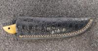 Custom Damascus-Style Fixed Blade Knife, Bear Cutout, Mosaic Pin, Faux Croc Sheath, 8.5" - 4