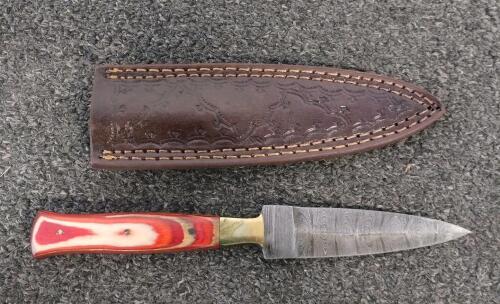 Damascus Steel Dagger Knife, 5" Blade, Red Laminated Handle, Custom Tooled Leather Sheath