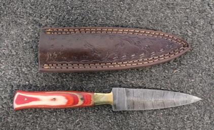 Damascus Steel Dagger Knife, 5" Blade, Red Laminated Handle, Custom Tooled Leather Sheath