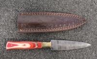 Damascus Steel Dagger Knife, 5" Blade, Red Laminated Handle, Custom Tooled Leather Sheath