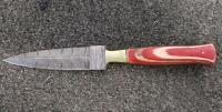 Damascus Steel Dagger Knife, 5" Blade, Red Laminated Handle, Custom Tooled Leather Sheath - 2