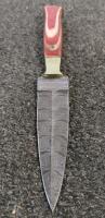 Damascus Steel Dagger Knife, 5" Blade, Red Laminated Handle, Custom Tooled Leather Sheath - 3