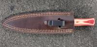 Damascus Steel Dagger Knife, 5" Blade, Red Laminated Handle, Custom Tooled Leather Sheath - 4