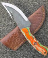 Fixed-Blade Hunting Knife, Gut Hook, Multicolor Wood Handle, Leather Sheath Included