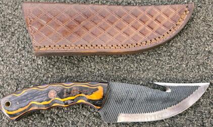 Custom Handmade Gut Hook Hunting Knife, Drop Point, Layered Handle, Leather Sheath Included