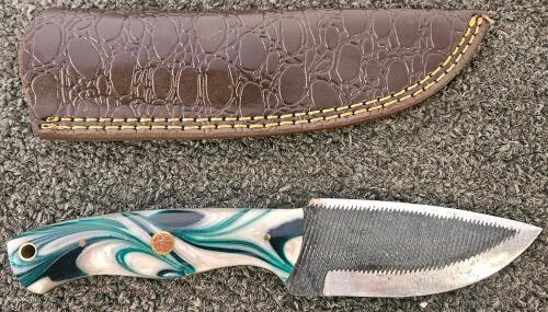 Custom Fixed-Blade Knife, File-Textured 4-in Blade, Swirl Resin Handle, Leather Sheath Included