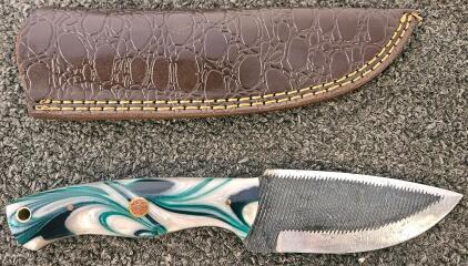 Custom Fixed-Blade Knife, File-Textured 4-in Blade, Swirl Resin Handle, Leather Sheath Included
