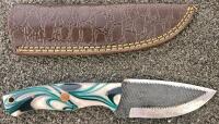Custom Fixed-Blade Knife, File-Textured 4-in Blade, Swirl Resin Handle, Leather Sheath Included