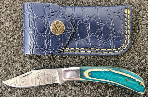Damascus Folding Pocket Knife, 3" Blade, Blue Wood Handle, Leather Sheath, Clip Point