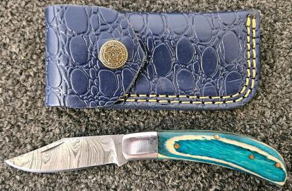 Damascus Folding Pocket Knife, 3" Blade, Blue Wood Handle, Leather Sheath, Clip Point