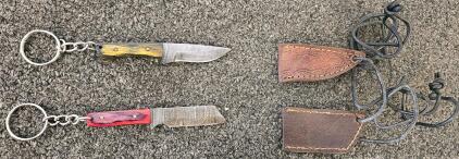 Mini Damascus Steel Keychain Knives Set, Leather Sheaths, Drop Point & Cleaver, Hardwood Handles