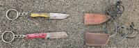 Mini Damascus Steel Keychain Knives Set, Leather Sheaths, Drop Point & Cleaver, Hardwood Handles