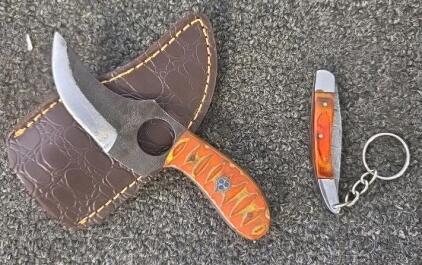 Custom Fixed Blade Skinner Knife and Mini Folding Keychain Knife, Colorful Handles, Leather Sheath
