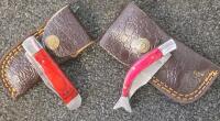 Damascus Steel Folding Pocket Knives with Red Wood Handles and Leather Sheaths