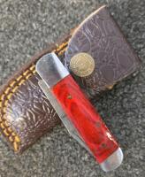 Damascus Steel Folding Pocket Knives with Red Wood Handles and Leather Sheaths - 2