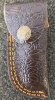 Damascus Steel Folding Pocket Knives with Red Wood Handles and Leather Sheaths - 3