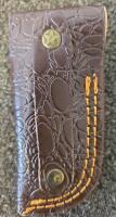 Damascus Steel Folding Pocket Knives with Red Wood Handles and Leather Sheaths - 4
