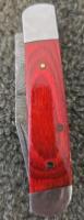 Damascus Steel Folding Pocket Knives with Red Wood Handles and Leather Sheaths - 5