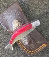 Damascus Steel Folding Pocket Knives with Red Wood Handles and Leather Sheaths - 7