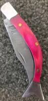 Damascus Steel Folding Pocket Knives with Red Wood Handles and Leather Sheaths - 11