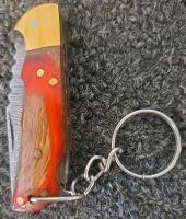 Miniature Damascus Keychain Knives Set &ndash; Dyed Wood & Bone Handles, Leather Sheath, 3 Piece - 4