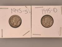 1945 Mercury Dimes &ndash; Denver (D) & San Francisco (S) &ndash; 90% Silver, Circulated, Final Year Issue - 5