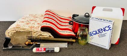Mixed Lot: Crock-Pot Slow Cooker (Tested and Works), Vintage Military Shovel, Sequence Board Game, Comforter & Throw, Tools, Cord, Kitchenware
