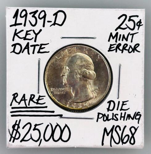 1939-D Washington Quarter, Denver Mint, Key Date, Die Polishing Error, Silver, MS68 Claimed
