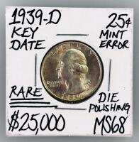 1939-D Washington Quarter, Denver Mint, Key Date, Die Polishing Error, Silver, MS68 Claimed