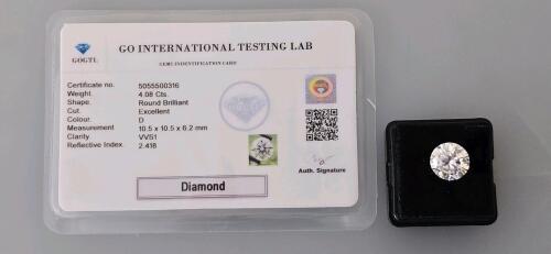 4.08 Carat Round Brilliant Diamond, D Color, VVS1 Clarity, Excellent Cut, Certified by GOITL