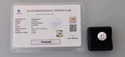 4.08 Carat Round Brilliant Diamond, D Color, VVS1 Clarity, Excellent Cut, Certified by GOITL