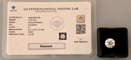 3.00 Carat Round Brilliant Diamond, D Color, VVS1 Clarity, Excellent Cut, GOGTL Certificate