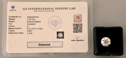 3.00 Carat Round Brilliant Diamond, D Color, VVS1 Clarity, Excellent Cut, GOGTL Certificate