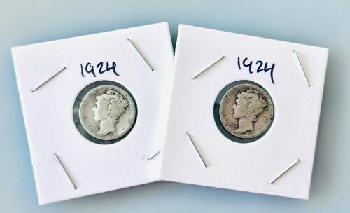 1924 Mercury Dimes, 90% Silver Coins, Winged Liberty Head, Two-Coin Lot, Circulated Condition