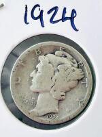 1924 Mercury Dimes, 90% Silver Coins, Winged Liberty Head, Two-Coin Lot, Circulated Condition - 2