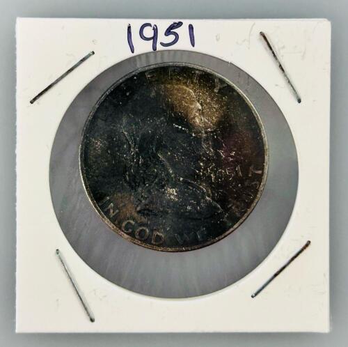 1951 Franklin Half Dollar 90% Silver, Heavy Tarnish, Cardboard Flip