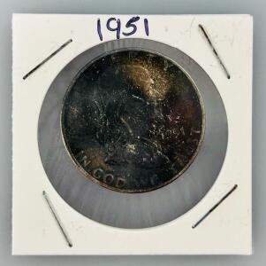 1951 Franklin Half Dollar 90% Silver, Heavy Tarnish, Cardboard Flip