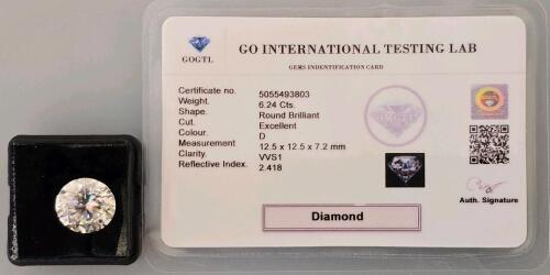 6.24 Ct D VVS1 Excellent Cut Round Brilliant Loose Diamond, GOGTL-Certified, 12.5mm