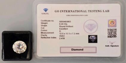 6.24 Ct D VVS1 Excellent Cut Round Brilliant Loose Diamond, GOGTL-Certified, 12.5mm