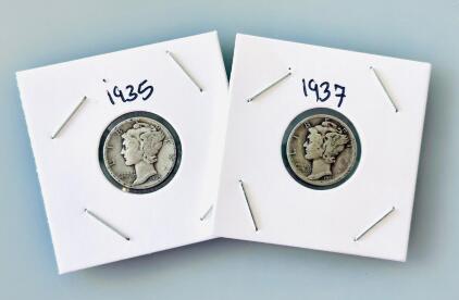 1935 & 1937 Mercury Dimes, 90% Silver, U.S. One Dime Coins, Circulated, Weinman Design