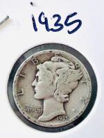 1935 & 1937 Mercury Dimes, 90% Silver, U.S. One Dime Coins, Circulated, Weinman Design - 2