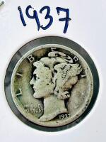 1935 & 1937 Mercury Dimes, 90% Silver, U.S. One Dime Coins, Circulated, Weinman Design - 3