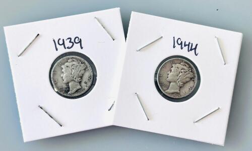 1939 & 1944 Mercury Dimes USA, 90% Silver, Winged Liberty Head