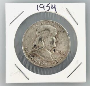 1954-D Franklin Half Dollar 90% Silver Coin, Denver Mint, Benjamin Franklin Design