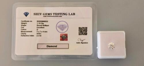 1.15 ct D VVS1 Round Brilliant Diamond, Excellent Cut, SHIV GEMS Certification, Loose Stone