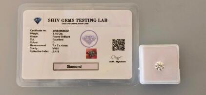1.15 ct D VVS1 Round Brilliant Diamond, Excellent Cut, SHIV GEMS Certification, Loose Stone