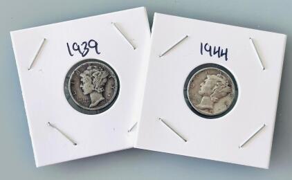 1939 & 1944 Mercury Silver Dimes &ndash; 90% Silver, Winged Liberty Design, 2-Coin Lot