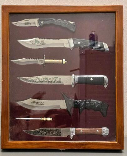 Wildlife Etched Stainless Hunting Knife Display Set, 6 Knives + Sharpening Rod, Wood Case